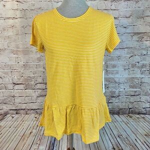 Caslon Womens Yellow Ivory Striped Crewneck Short Sleeve Peplum Tee Small NWT